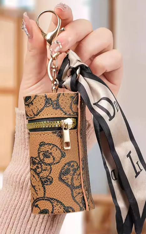 LEATHER VINTAGE FLOWER PURSE/KEYCHAIN - BROWN